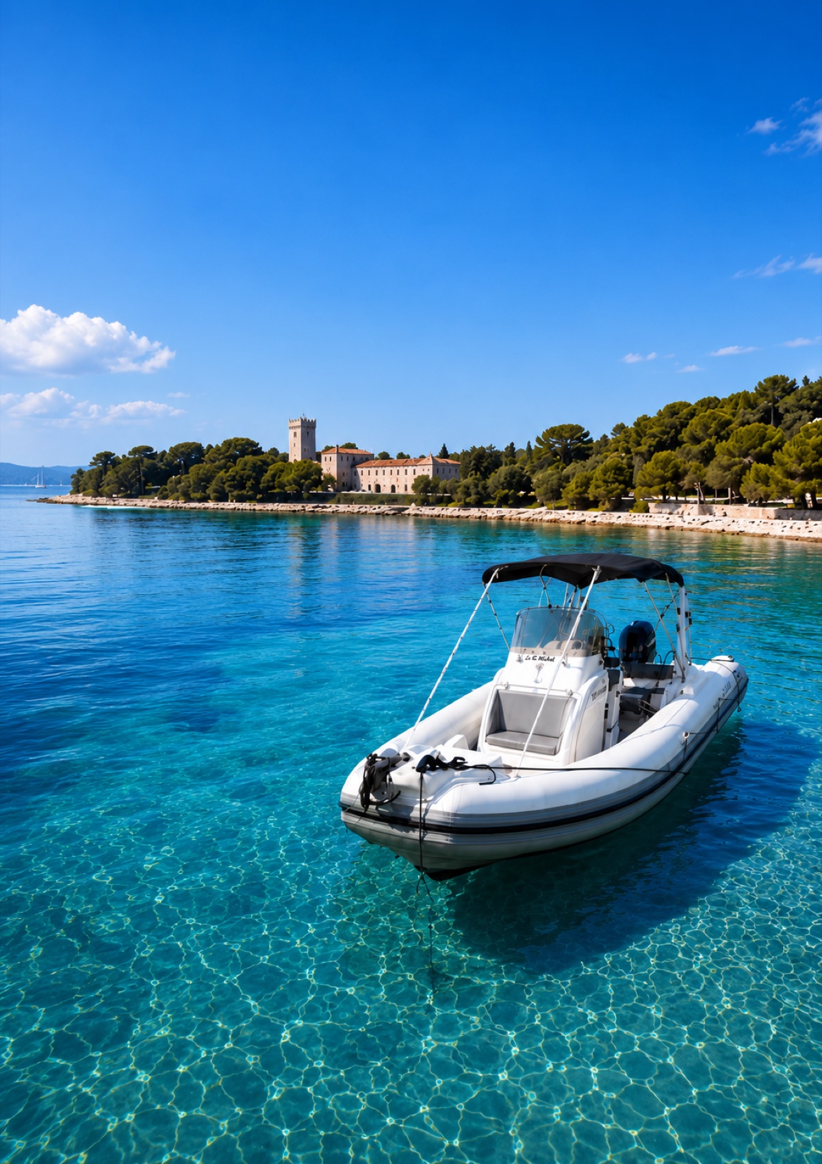 Le bateau au mouillage devant les îles de Lérins